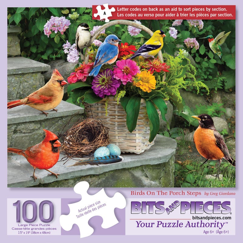 Bits and Pieces 100 Piece Puzzles for Adults - Birds on the Porch Steps - 100 Extra Large Pieces 15" x 19" Jigsaw Puzzles, Flowers, Summer, No 2 Pieces Alike - Image 1