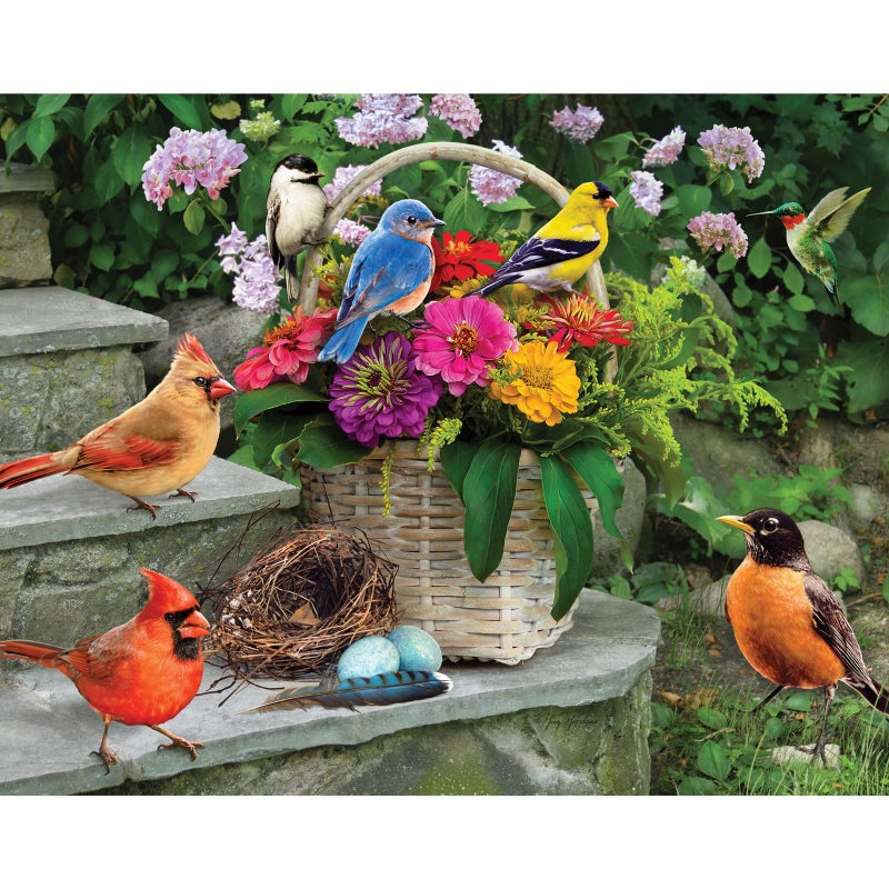 Bits and Pieces 100 Piece Puzzles for Adults - Birds on the Porch Steps - 100 Extra Large Pieces 15" x 19" Jigsaw Puzzles, Flowers, Summer, No 2 Pieces Alike - Image 2