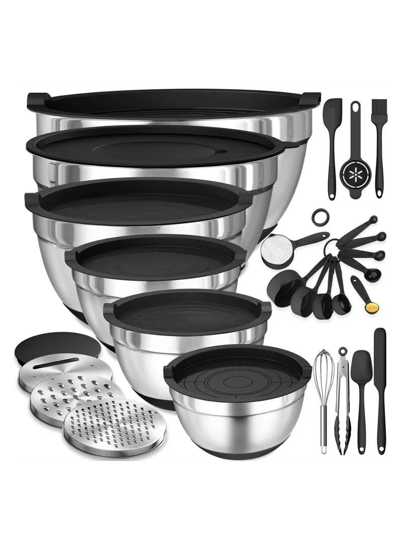 QUESERA 17-Piece -Stainless Steel Non slip Mixing Bowl Set with Airtight Lids & Graters+ Kitchen Gadgets for Mixing & Serving- BLACK
