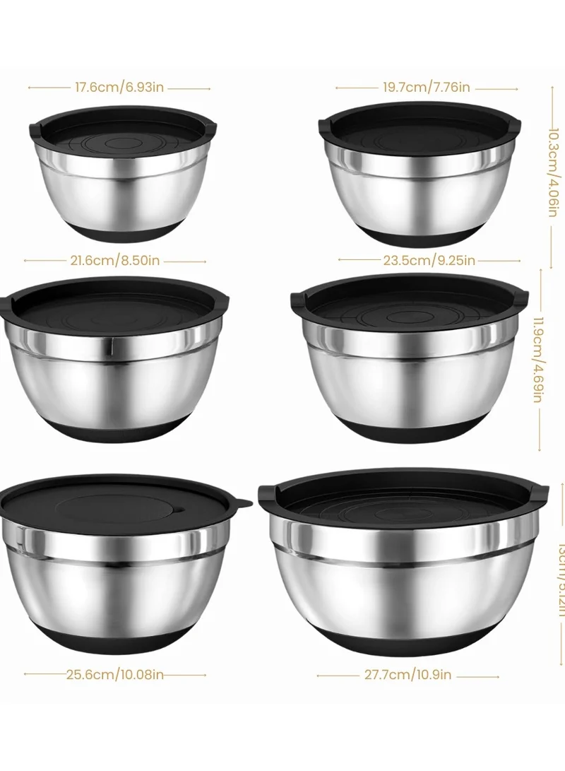 QUESERA 17-Piece -Stainless Steel Non slip Mixing Bowl Set with Airtight Lids & Graters+ Kitchen Gadgets for Mixing & Serving- BLACK