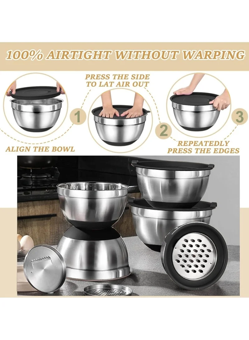 Quesera  17-Piece -Stainless Steel Non slip Mixing Bowl Set with Airtight Lids & Graters+ Kitchen Gadgets for Mixing & Serving- BLACK  | Best Price UAE
