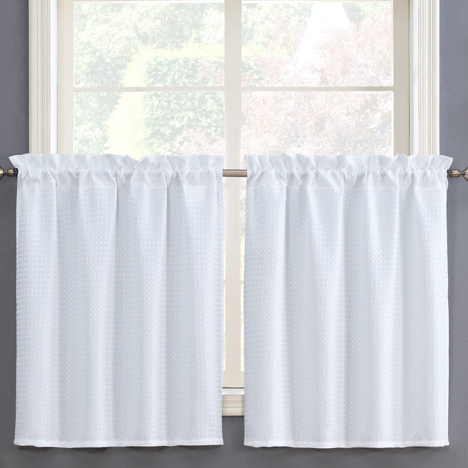 WHITE WATER RESISTANT BATHROOM WINDOW CURTAIN WAFFLE TEXTURED HALF TIER CURTAINS FOR KITCHEN CAFE 36 W X 36 L INCHES SET OF 2