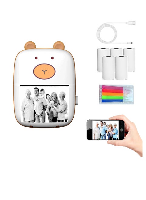 Mini thermal label making machine, portable bluetooth thermal printer, 5 rolls of printing paper + 5 color pens, compatible with ios, android, thermal photo printer, suitable for home office (white)