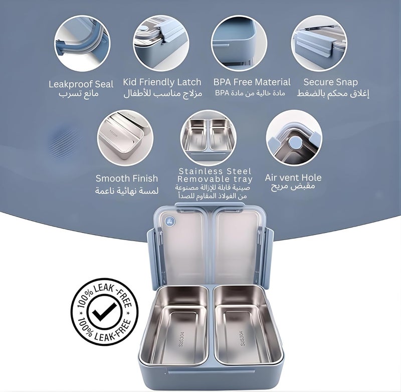 BrainGiggles Stainless Steel Bento Lunch Box with 2 Seperate Food Containers - Leak Proof Bento Box for Kids, Adults - Tiffin Lunchbox for Office, School (Blue) - Image 2