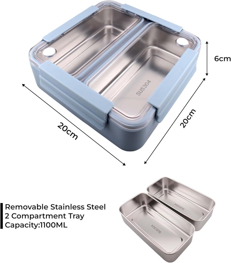BrainGiggles Stainless Steel Bento Lunch Box with 2 Seperate Food Containers - Leak Proof Bento Box for Kids, Adults - Tiffin Lunchbox for Office, School (Blue) - Image 4