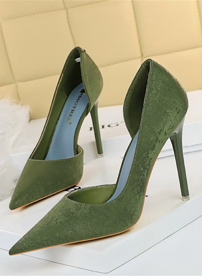 BIGTREE 10.5cm European And American Fashion Slimming Side Hollow-Out Heels With Thin Cloth Shallow Mouth Pointed Green  - Image 1