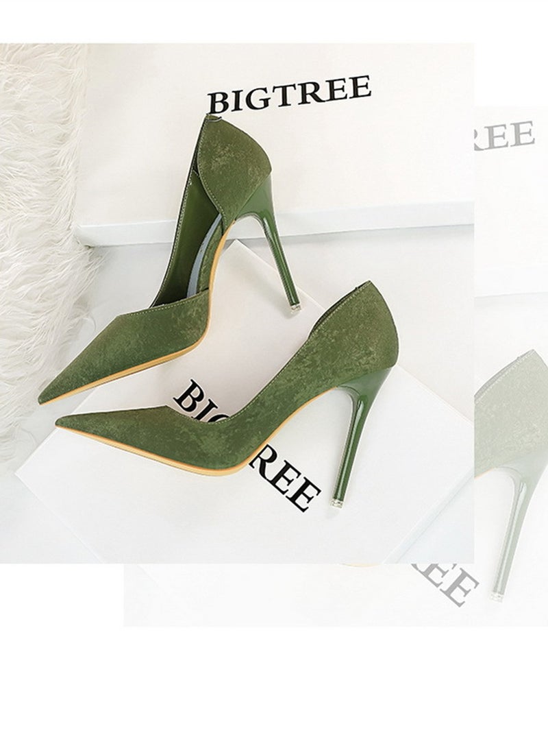 BIGTREE 10.5cm European And American Fashion Slimming Side Hollow-Out Heels With Thin Cloth Shallow Mouth Pointed Green  - Image 2