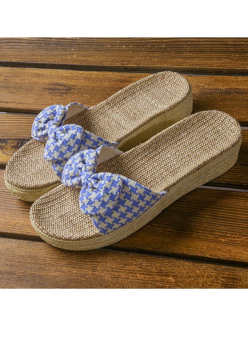 Loquat Women's Bowknot Thick Soled Flax Slippers Non Slip Linen Indoor Slippers Open Toe Blue White 