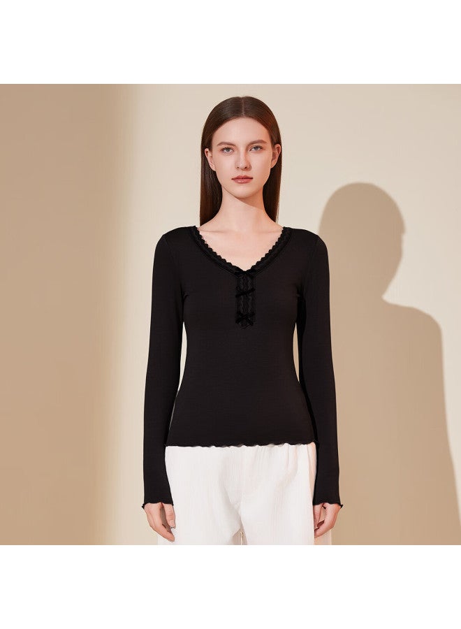 Dingguagua Dingguagua Women's Thermal Underwear Modal Lace Large Round Neck Thermal Base Shirt Quiet Black 160