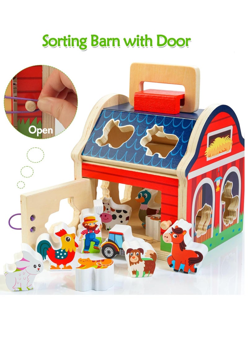 Wooden Farm Animals Toys, Take-Along Sorting Barn Toy with Door, Shape Sorter Wooden Blocks Montessori Learning Toys, Birthday Gifts for Kids - Image 2
