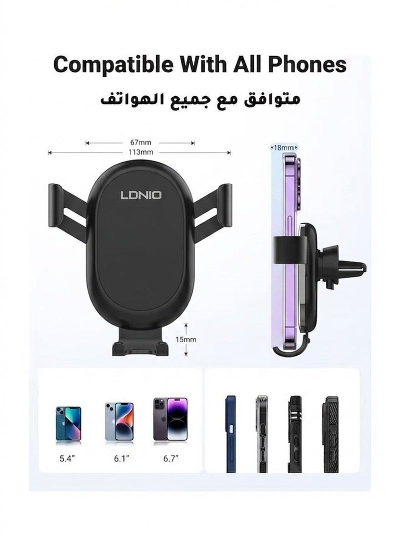 LDNIO حامل هاتف محمول معدني يدور 360 درجة مع مستشعر جاذبية لفتحة تهوية السيارة، أسود - Image 2