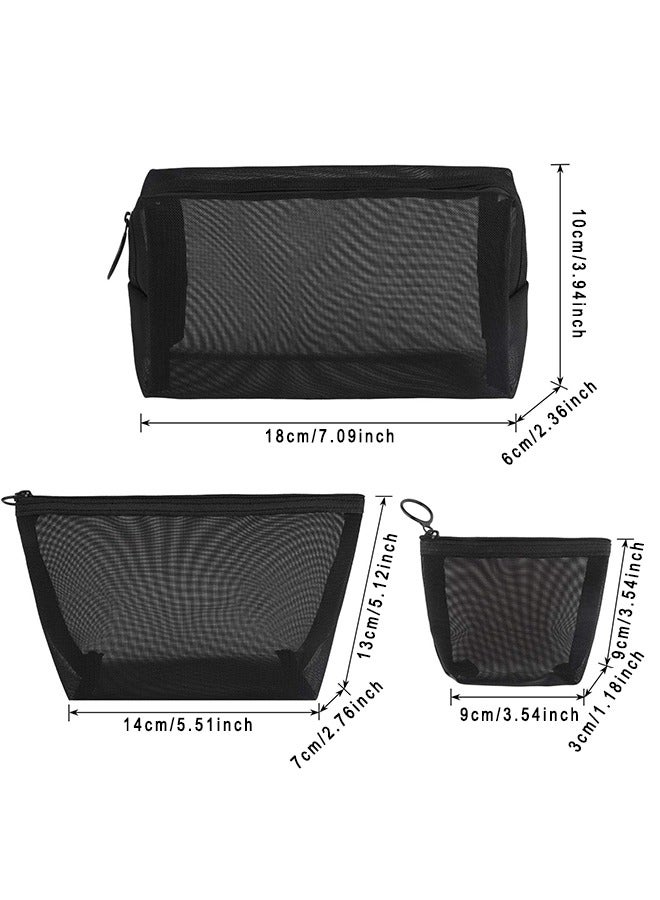 3 Pieces 3 Sizes Portable Mesh Makeup Bag Set Cosmetic Bag Zipper Storage Bag For Travel And Flying, Black - Image 2
