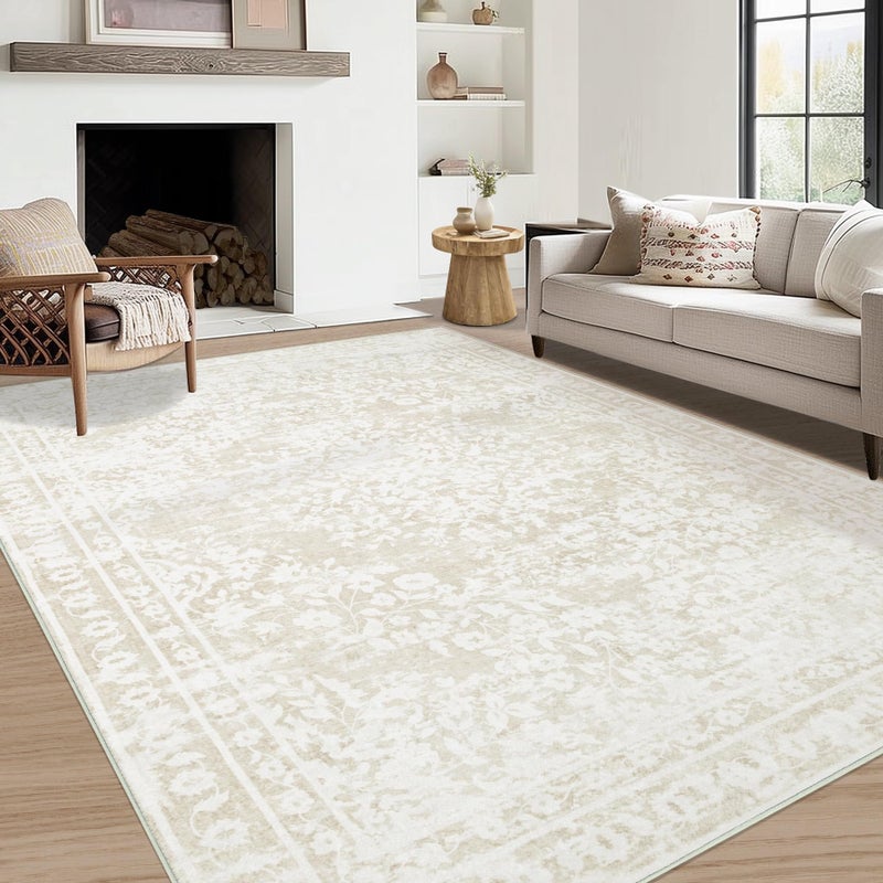 Aoyaomi Vintage Living Room Area Rug - 5x7 Large Machine Washable Boho Area Rug Distressed Floral Rugs for Bedroom, Soft Non-Slip Indoor Floor Accent Rugs for Office Dining Room (Cream Beige, 5'x7') - Image 1