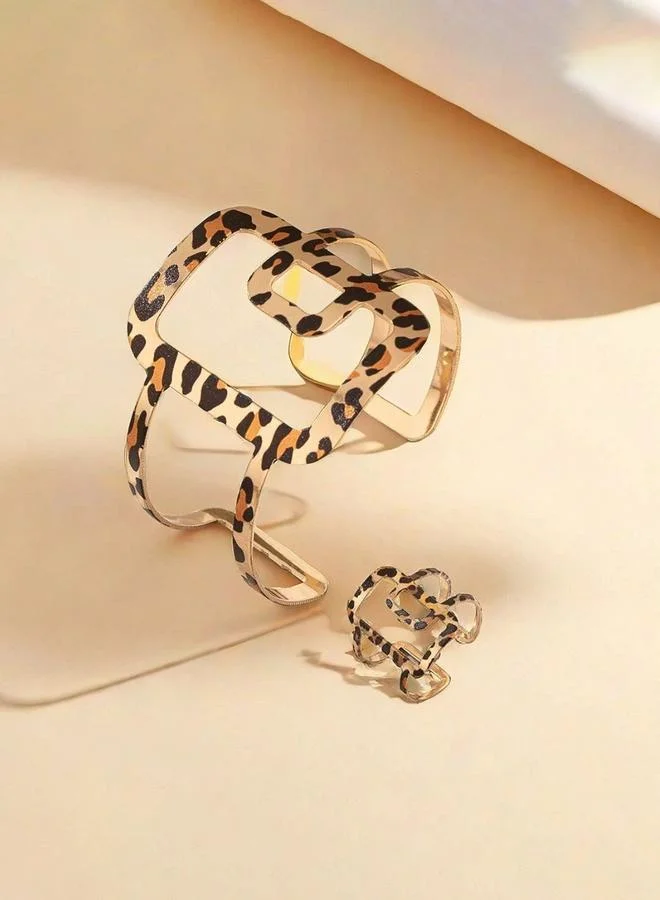 Take Two Leopard Print Ring and Cuff Bracelet Set - Multi-Color Animal Design