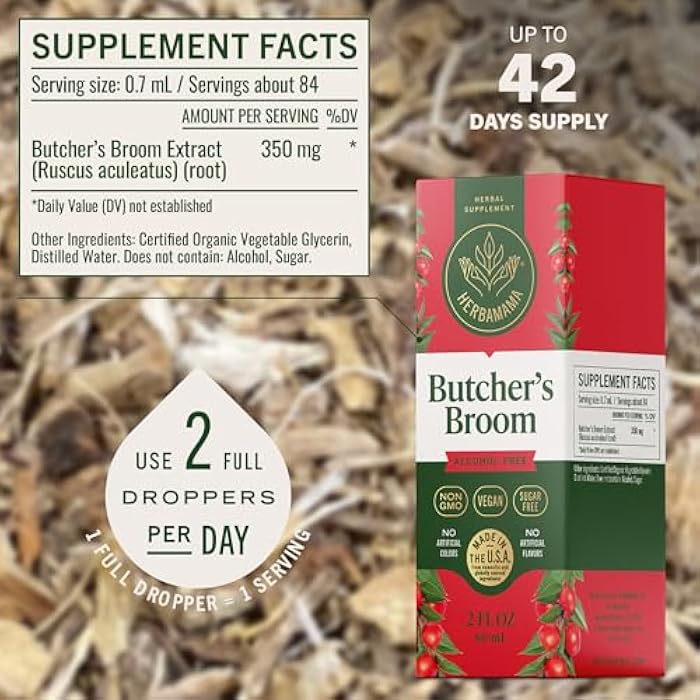 HERBAMAMA Butcher's Broom Root Tincture - Vegan Leg Support with Ruscus Aculeatus Extract Drops - Non-GMO, Alcohol & Sugar-Free Butcher's Broom Supplement, 42-Day Supply - Image 3