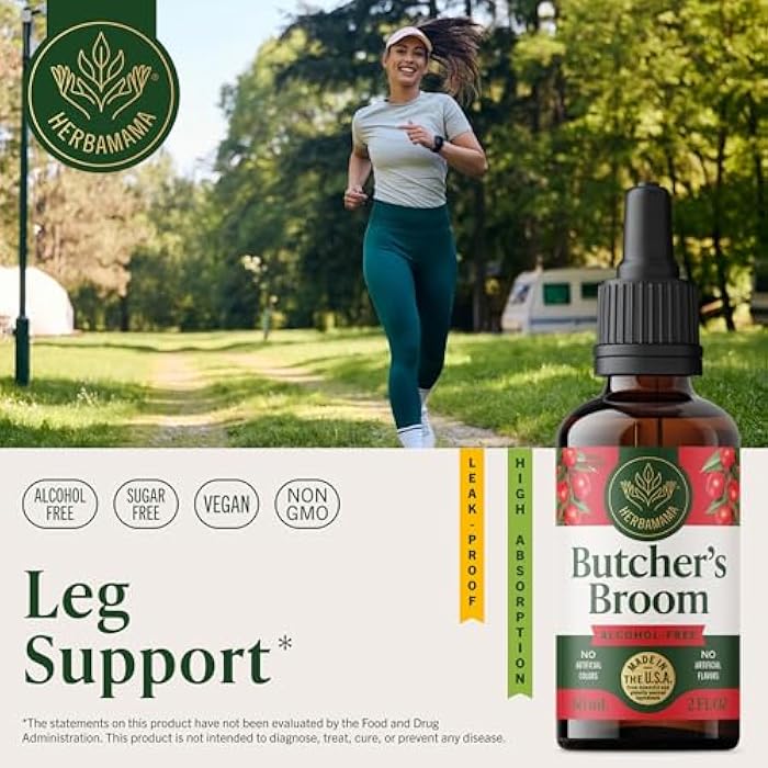 HERBAMAMA Butcher's Broom Root Tincture - Vegan Leg Support with Ruscus Aculeatus Extract Drops - Non-GMO, Alcohol & Sugar-Free Butcher's Broom Supplement, 42-Day Supply - Image 2