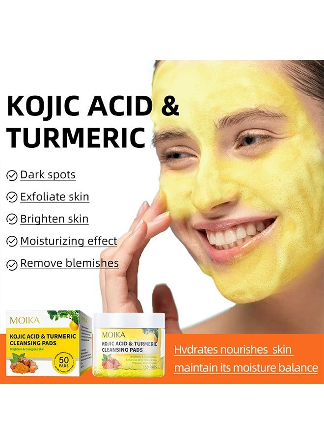 MOIKA - Kojic Acid & Turmeric Cleansing Pads, Turmeric Exfoliating Face Scrub Pads, Turmeric Cleansing Pads Helps Balance Skin Oil And Water, 50 Pads - Image 1