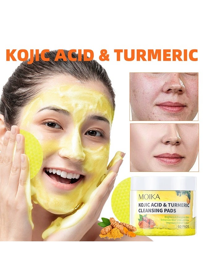 MOIKA - Kojic Acid & Turmeric Cleansing Pads, Turmeric Exfoliating Face Scrub Pads, Turmeric Cleansing Pads Helps Balance Skin Oil And Water, 50 Pads - Image 1