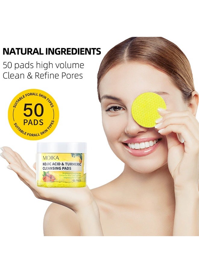 MOIKA - Kojic Acid & Turmeric Cleansing Pads, Turmeric Exfoliating Face Scrub Pads, Turmeric Cleansing Pads Helps Balance Skin Oil And Water, 50 Pads - Image 1