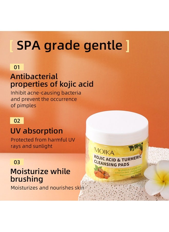 MOIKA - Kojic Acid & Turmeric Cleansing Pads, Turmeric Exfoliating Face Scrub Pads, Turmeric Cleansing Pads Helps Balance Skin Oil And Water, 50 Pads - Image 1