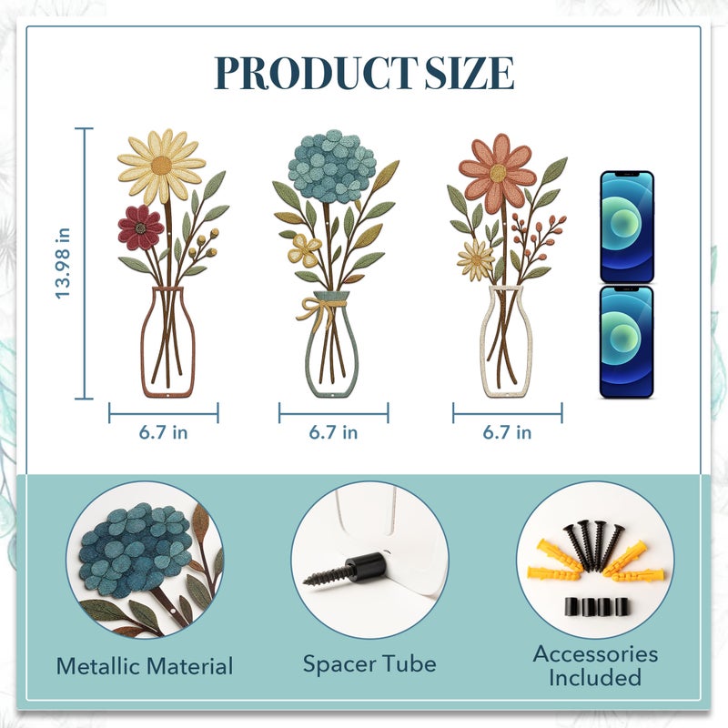 CarryWise 3 Piece Metal Flower Wall Art for Bedroom Living Room Rustic Farmhouse Floral Wall Decor for Bathroom Dining Room Boho Home Decorations Modern Minimalism Walls Hanging Sculptures(Yellow Blue) - Image 3