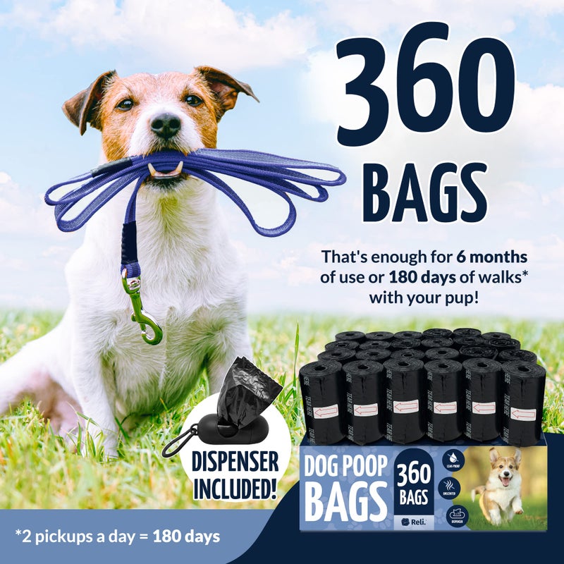 Reli. Dog Poop Bags w/Holder (360 Pack - 24 Rolls) | Leash Clip Dispenser | 9x13" Large Dog Bag for Poop | Black Pet Waste Carrier Refills w/Clip Dispenser | Unscented, Leak Proof - Image 2