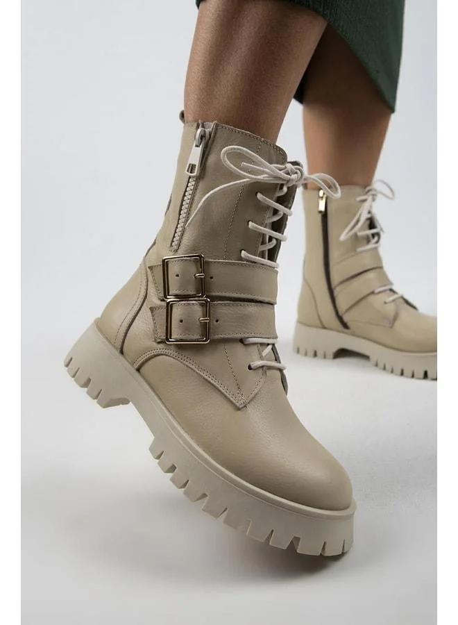 Hannah Women's Genuine Leather Lace-up Zipper Buckle Beige Boot.