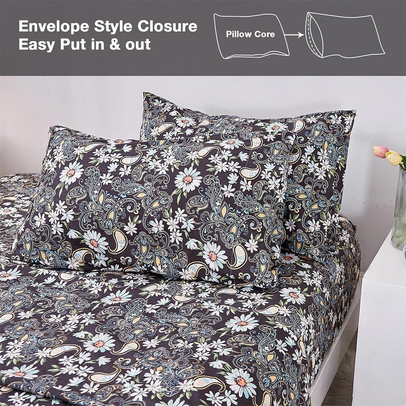 JSD Black Paisley Floral Printed Sheet Set Cal King  4 Piece Soft Pattern Microfiber Sheets Extra Deep Pocket - Image 5