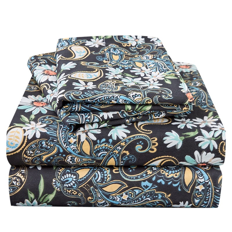 JSD Black Paisley Floral Printed Sheet Set Cal King  4 Piece Soft Pattern Microfiber Sheets Extra Deep Pocket - Image 1