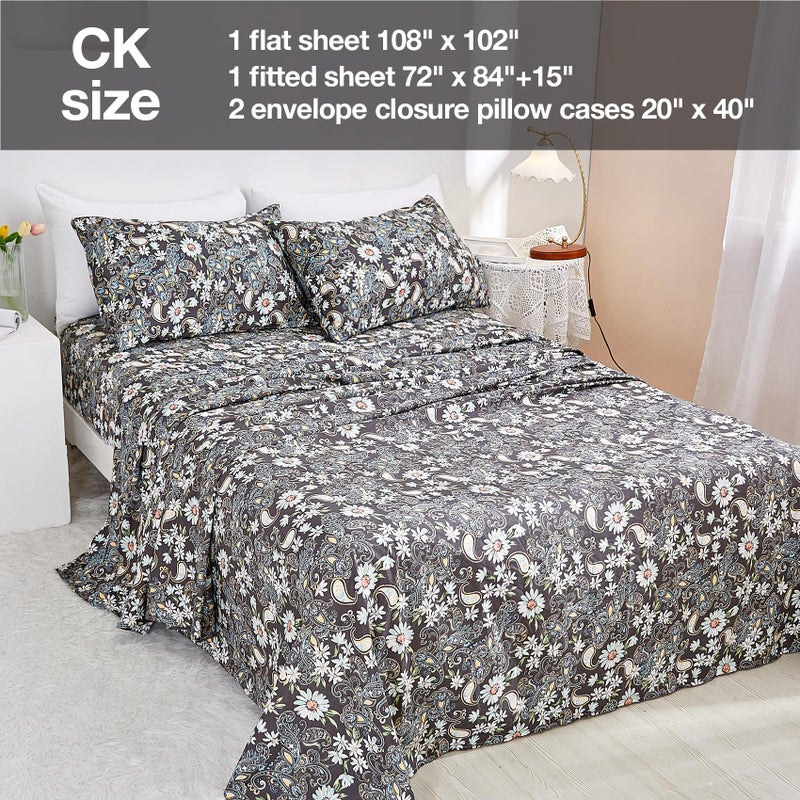 JSD Black Paisley Floral Printed Sheet Set Cal King  4 Piece Soft Pattern Microfiber Sheets Extra Deep Pocket - Image 2