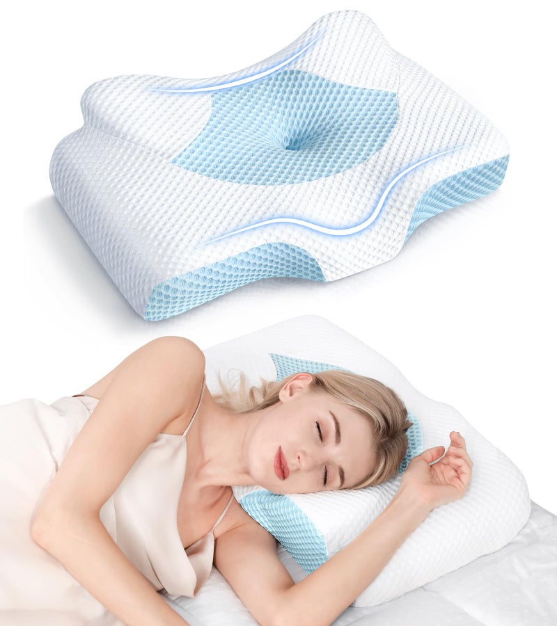 Osteo Cervical Pillow for Neck Pain Relief Hollow Design Odorless Memory Foam Pillows with Cooling Case Adjustable Orthopedic Bed Pillow for Sleeping Support for Side Back Sleepers