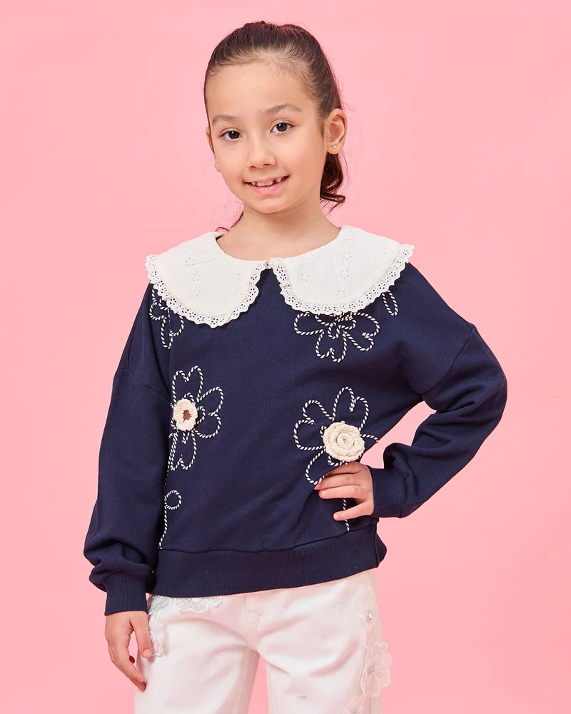 Redtag Girls Navy Schiffli Collar Embroidered Sweatshirt