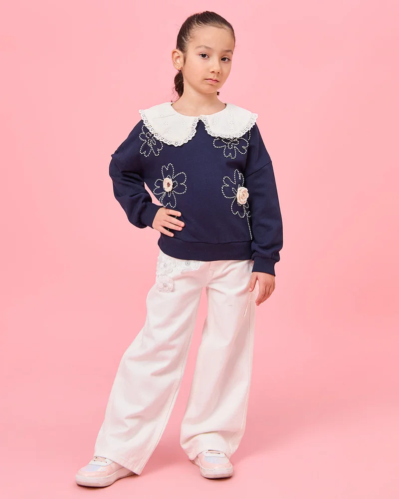 Redtag Girls Navy Schiffli Collar Embroidered Sweatshirt