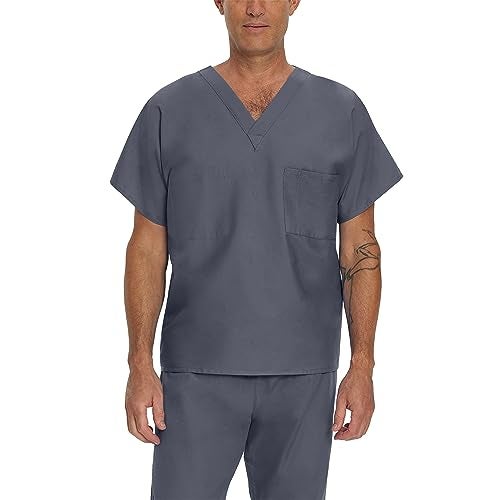 Landau Essentials Unisex Relaxed Fit 1-Pocket V-Neck Scrub Top 7502 Steel Grey - Image 4