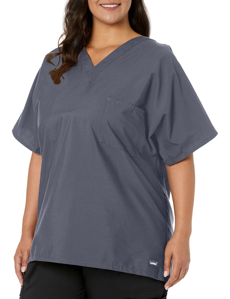 Landau Essentials Unisex Relaxed Fit 1-Pocket V-Neck Scrub Top 7502 Steel Grey - Image 1