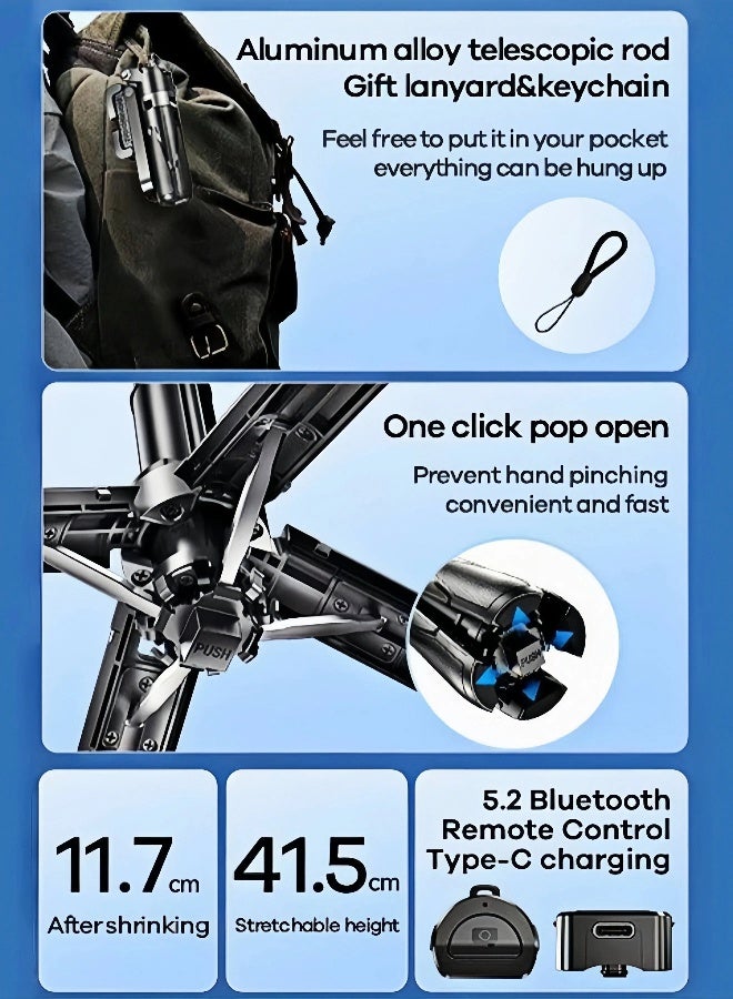 REMAX Mini Pocket Selfie Stick Tripod, Extendable Aluminum Alloy Tripod, 360° Rotation Adjustment, With Bluetooth 5.2 Charging Remote Control, Compatible With iPhone/Android/GoPro, Suitable For TikTok Live Streaming/Travel/Vlog/Video/Photo Shooting, Black - Image 3