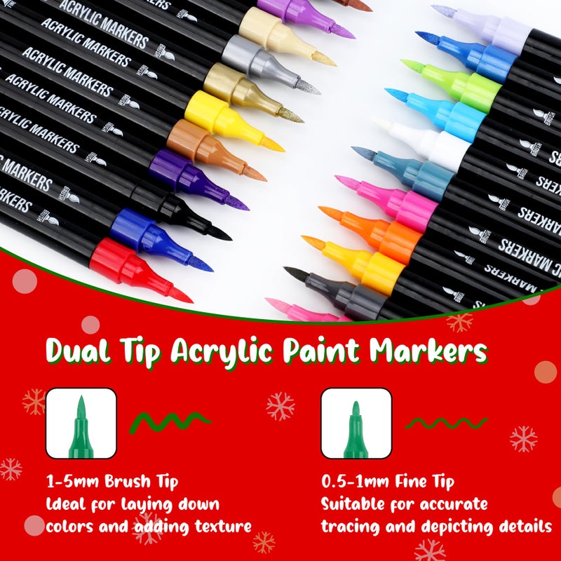 Pagather 24 Colors Acrylic Paint Markers, Dual Tip with Fine Tip and Brush Tip Pens for Stone, Wood, Calligraphy, Canvas, Ceramic, Metal, Glass, Rock Painting, DIY Crafts - Image 2