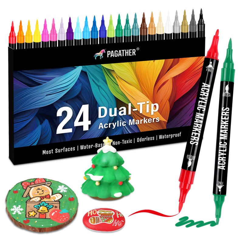 Pagather 24 Colors Acrylic Paint Markers, Dual Tip with Fine Tip and Brush Tip Pens for Stone, Wood, Calligraphy, Canvas, Ceramic, Metal, Glass, Rock Painting, DIY Crafts - Image 1