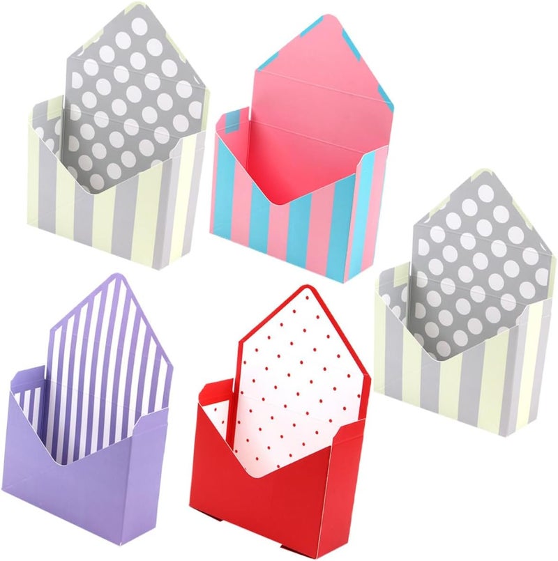 DRESSOOS Envelope Flower Boxes 5pcs Set, Decorative Folding Paper Packing Boxes for Bouquet Wrapping, Floral Storage with Mixed Red Polka Dot, Beige Dot, Purple Blue Stripe Designs, - Image 1