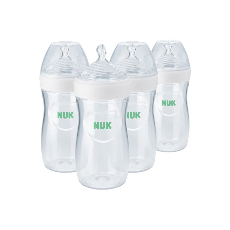 NUK Simply Natural Baby Bottle with SafeTemp, Anti-Colic Vent, and Slow Flow Nipple for Natural Feeding, 9 oz., 4-Pack - Image 1