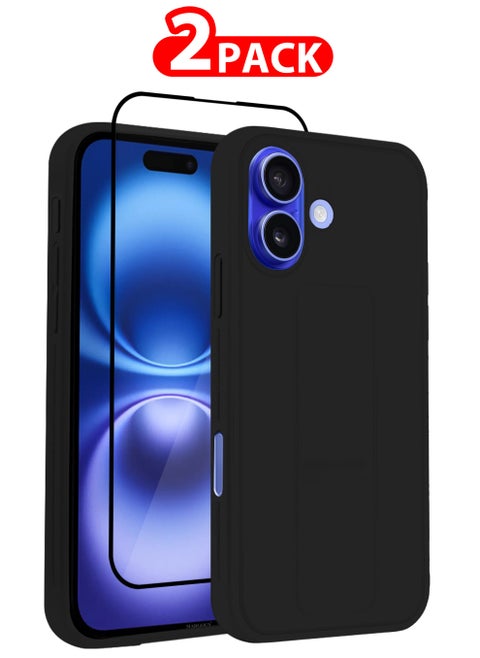 (for Apple iPhone 16) 2Packs (1Case with 1 Screen Protector), Case Premium PU Leather Back Cover with Stand Function Shockproof and Anti Scratch Finger Grip Case Cover / Black