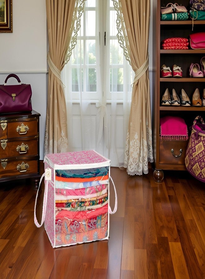 SHAPING FABRIC Pink Floral Fabric Saree Storage Bag with Transparent Front & Zipper Closure – Pack of 01 SNW-442 - Image 1