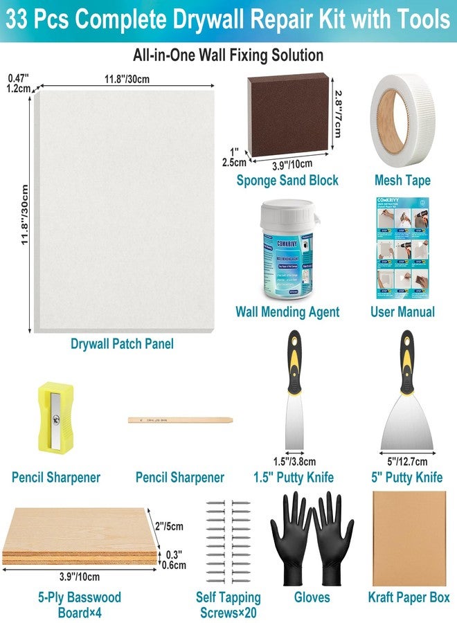Comkrivy Drywall Repair Kit -12"x12" Dry Wall Repair Panel, All-in-One Drywall Patchs Wall Patch Repair Kit with Spackle, Mesh Tape, Putty Knives, Sanding Block for Large Wall Ceiling Hole Quick Repair - Image 2