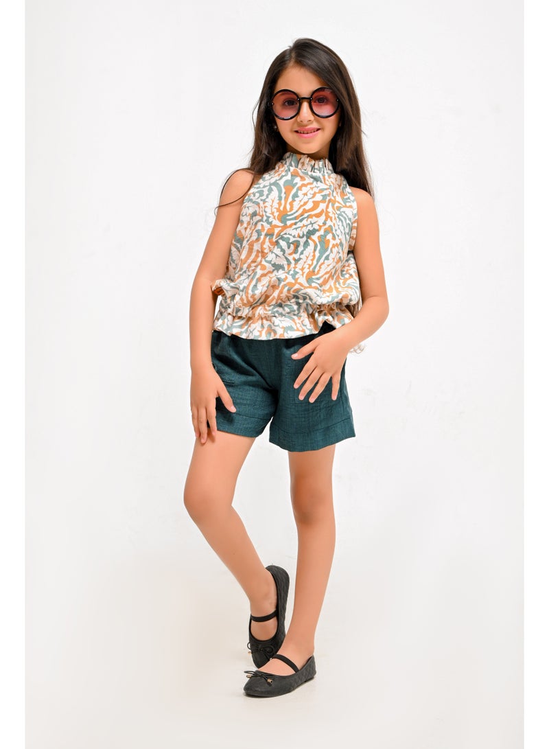 Girls Printed Wavy Halter Neck Top and Shorts Set - Image 1