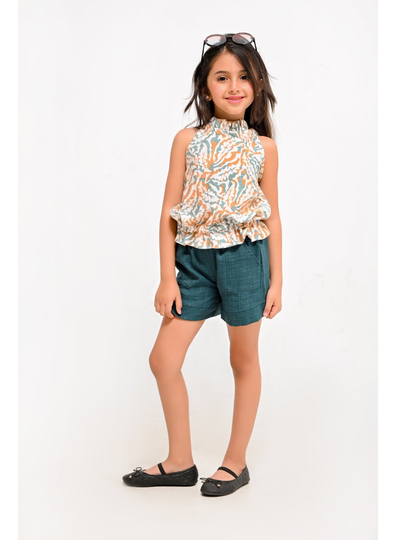 Girls Printed Wavy Halter Neck Top and Shorts Set - Image 2