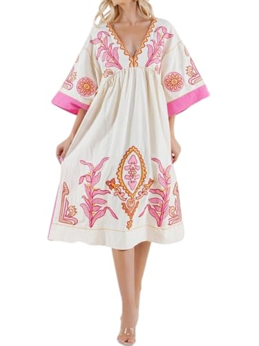 Joiemont Womens Oversized Floral Embroidered Long Dress with V-Neck and 3/4 Sleeves Vintage Embroidery Babydoll Dress(0652-HotPink-S) - Image 1