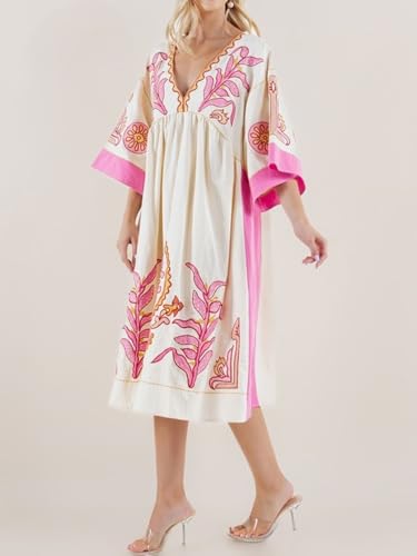 Joiemont Womens Oversized Floral Embroidered Long Dress with V-Neck and 3/4 Sleeves Vintage Embroidery Babydoll Dress(0652-HotPink-S) - Image 3