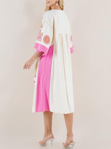 Joiemont Womens Oversized Floral Embroidered Long Dress with V-Neck and 3/4 Sleeves Vintage Embroidery Babydoll Dress(0652-HotPink-S) - Image 2