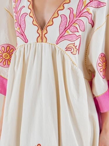 Joiemont Womens Oversized Floral Embroidered Long Dress with V-Neck and 3/4 Sleeves Vintage Embroidery Babydoll Dress(0652-HotPink-S) - Image 5