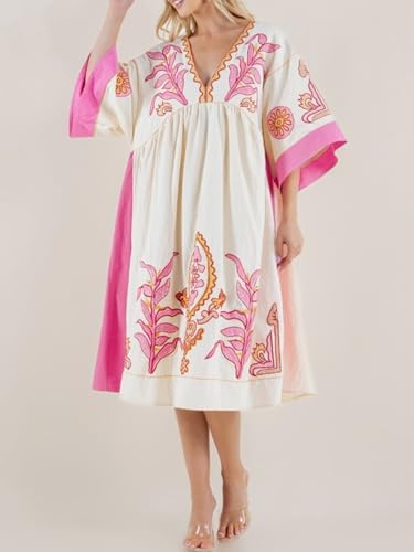 Joiemont Womens Oversized Floral Embroidered Long Dress with V-Neck and 3/4 Sleeves Vintage Embroidery Babydoll Dress(0652-HotPink-S) - Image 4
